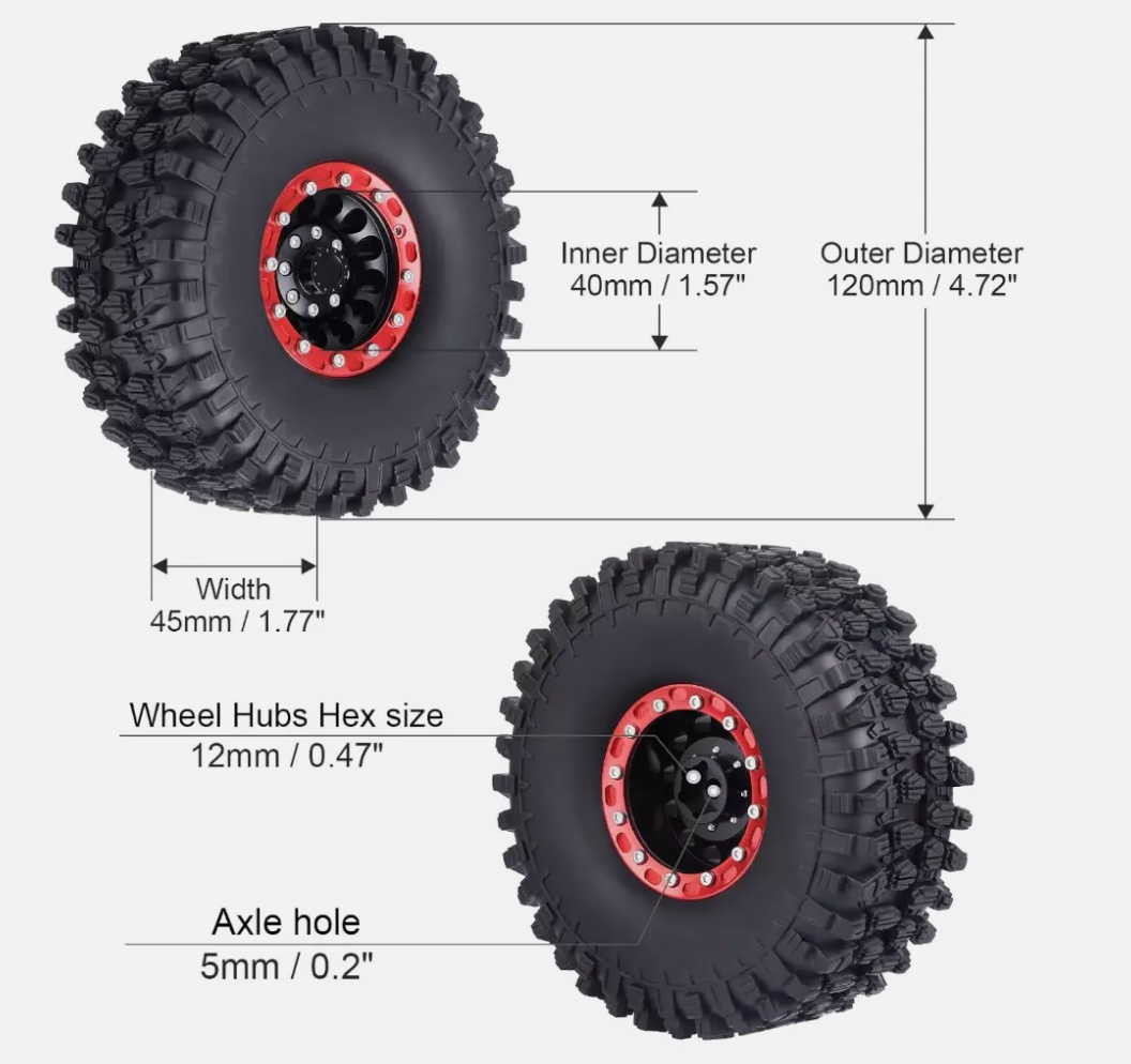 HobbyPark 1.9" Beadlock Wheels & 4.7" RC Crawler Tires with Foam – Fits TRX4, SCX10, Gen8 (Set of 4)