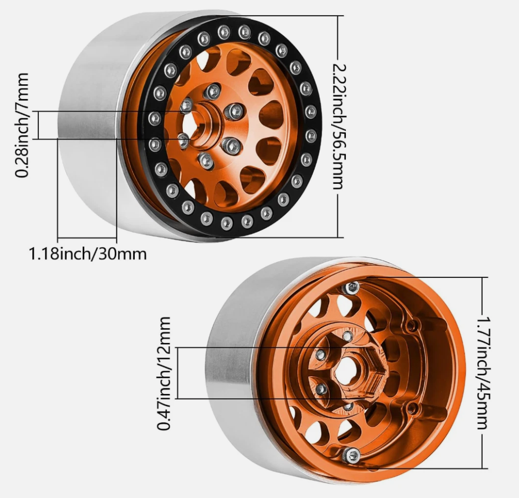 HobbyPark 1.9" Aluminum Beadlock Wheels (4-Pack) – Orange & Black for 1/10 RC Crawlers