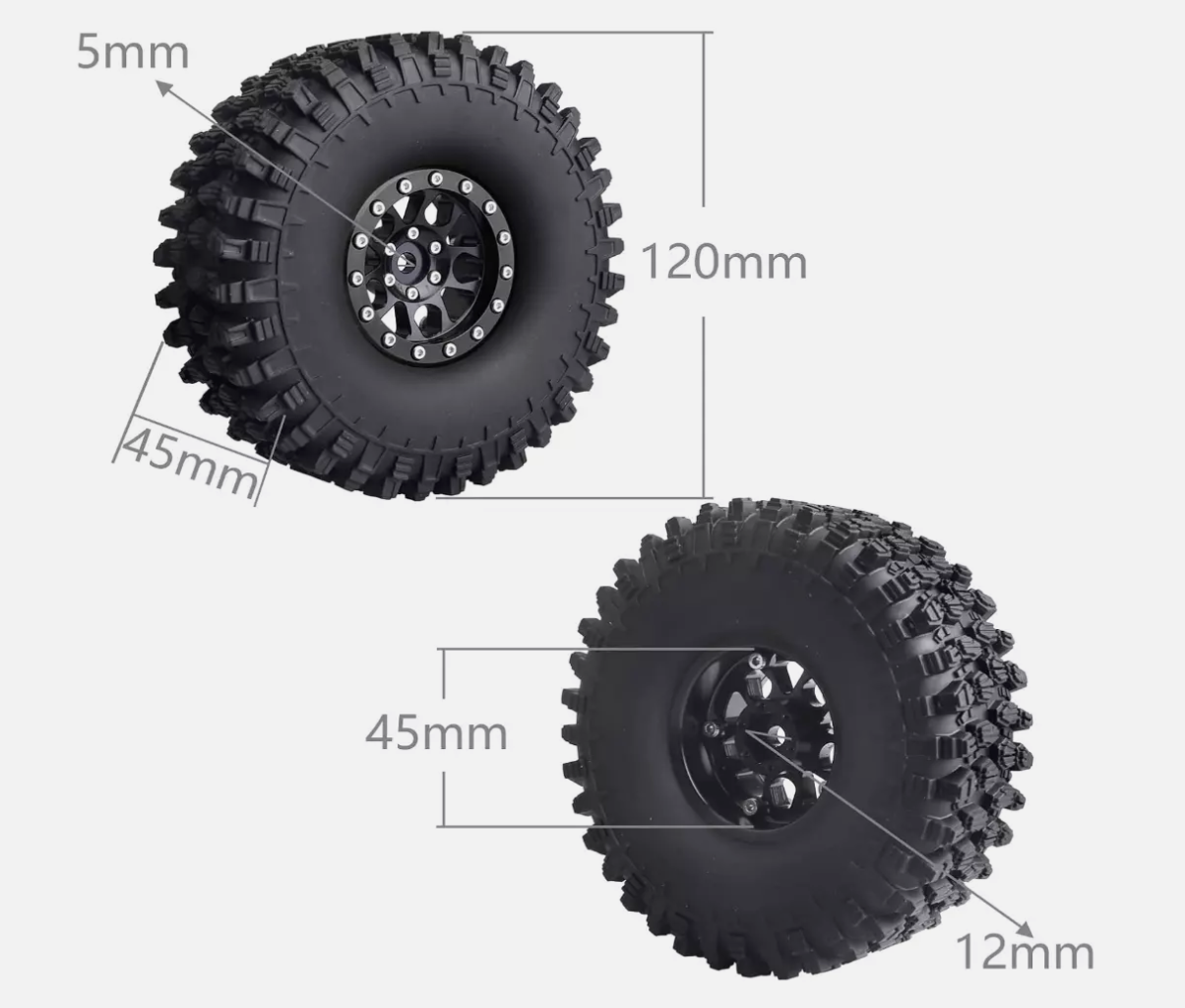 HobbyPark 4.72" Soft Rubber Tires & 1.9" Beadlock Wheels for 1/10 RC Crawlers (4-Pack)
