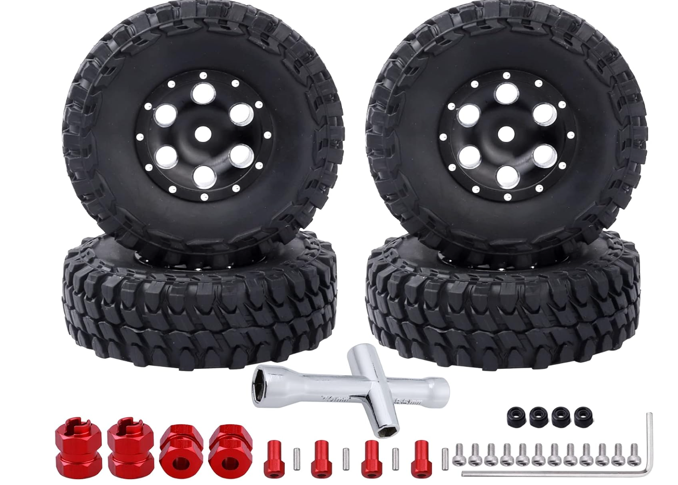 HobbyPark 1.0" Beadlock Wheels & Tires with Extended Spacers for 1/24 Axial SCX24 Crawler (4-Pack)