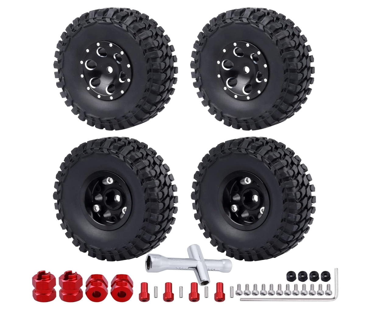 HobbyPark 1.0" Beadlock Wheels & Tires with Extended Spacers for 1/24 Axial SCX24 Crawler (4-Pack)