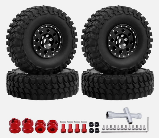 HobbyPark 1.0" Metal Beadlock RC Wheels & Tires with Spacers – Fits 1/24 SCX24 Crawler