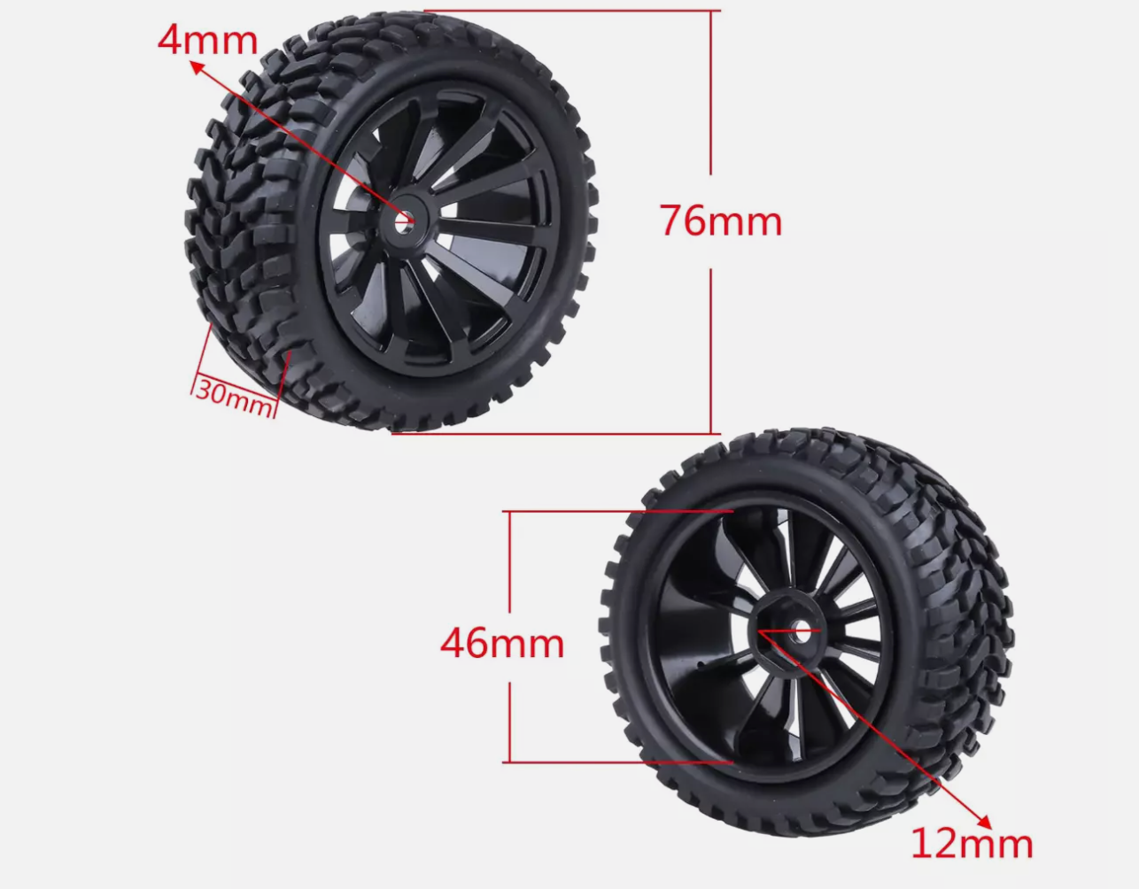 HobbyPark 4-Pack 2.99" Rubber RC Car Tires & Wheels – 12mm Hex Hub, Durable Off-Road Grip