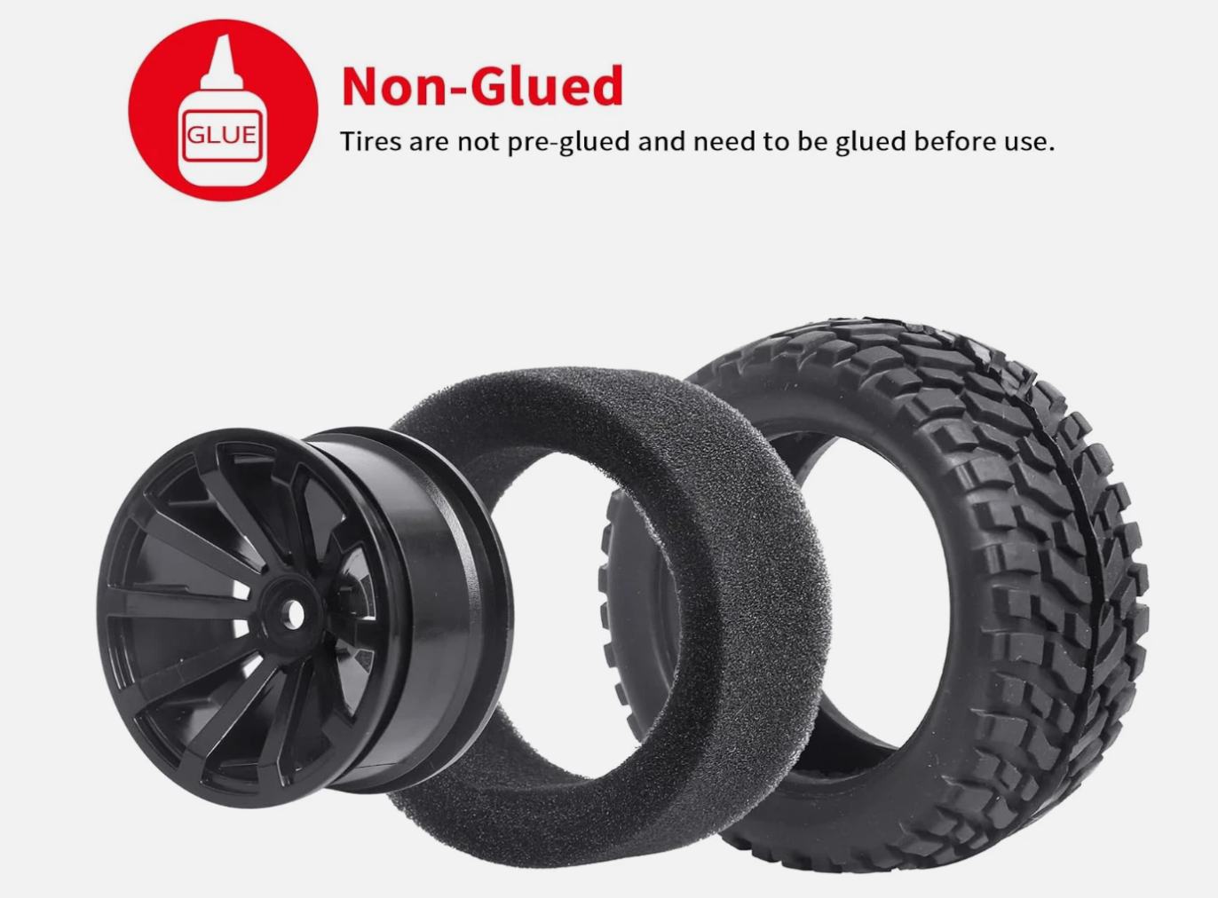 HobbyPark 4-Pack 2.99" Rubber RC Car Tires & Wheels – 12mm Hex Hub, Durable Off-Road Grip