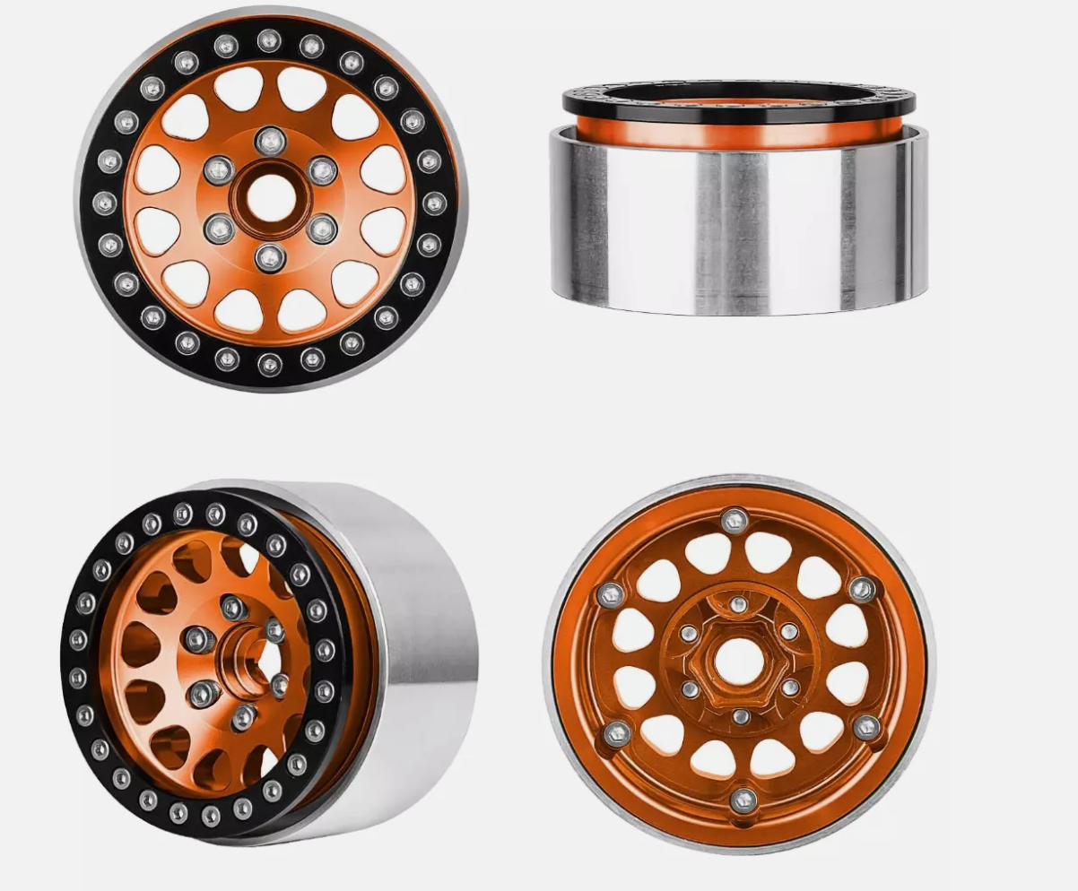 HobbyPark 1.9" Aluminum Beadlock Wheels (4-Pack) – Orange & Black for 1/10 RC Crawlers