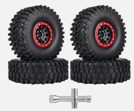 1.9" RC Crawler Beadlock Wheels & Tires 120mm with Foam Inserts – Red Rims (4-Pack)