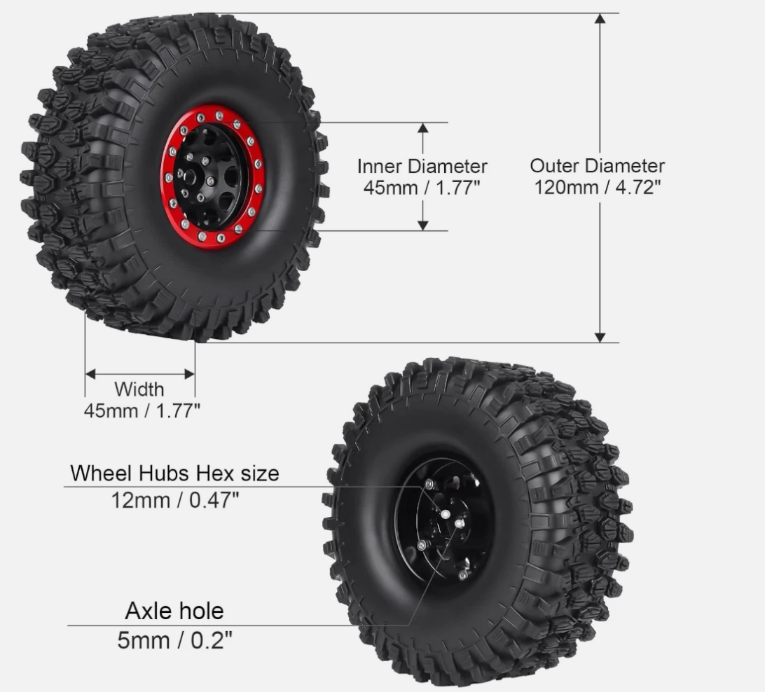 1.9" RC Crawler Beadlock Wheels & Tires 120mm with Foam Inserts – Red Rims (4-Pack)