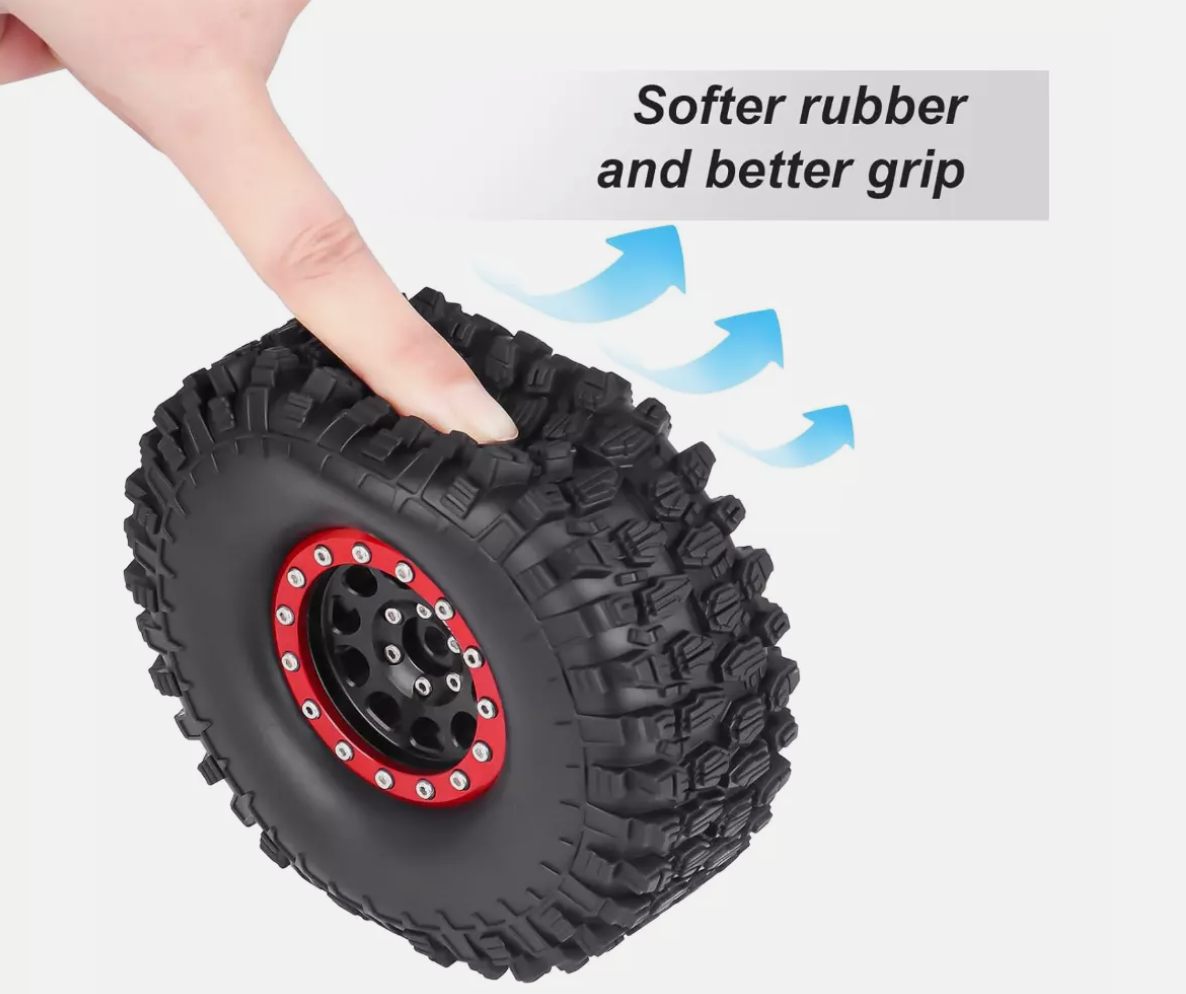 1.9" RC Crawler Beadlock Wheels & Tires 120mm with Foam Inserts – Red Rims (4-Pack)