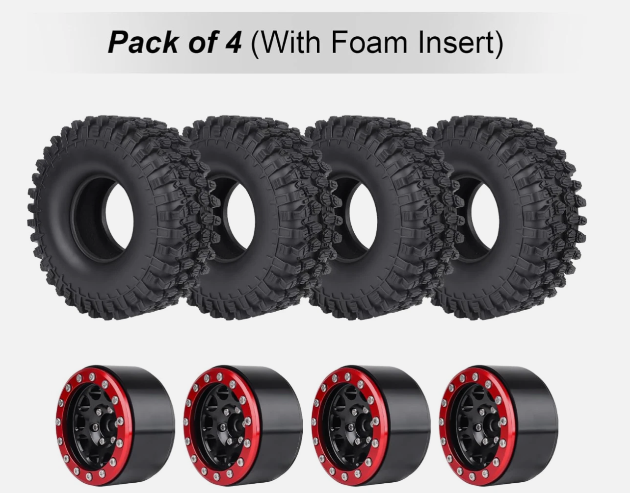 1.9" RC Crawler Beadlock Wheels & Tires 120mm with Foam Inserts – Red Rims (4-Pack)